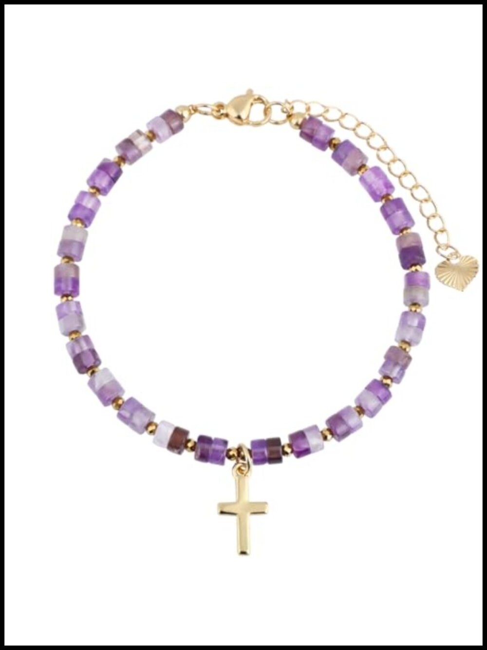 Natural Amethyst Heishi Charm Bracelet Adjustable Lobster Claw 18K Gold Plated